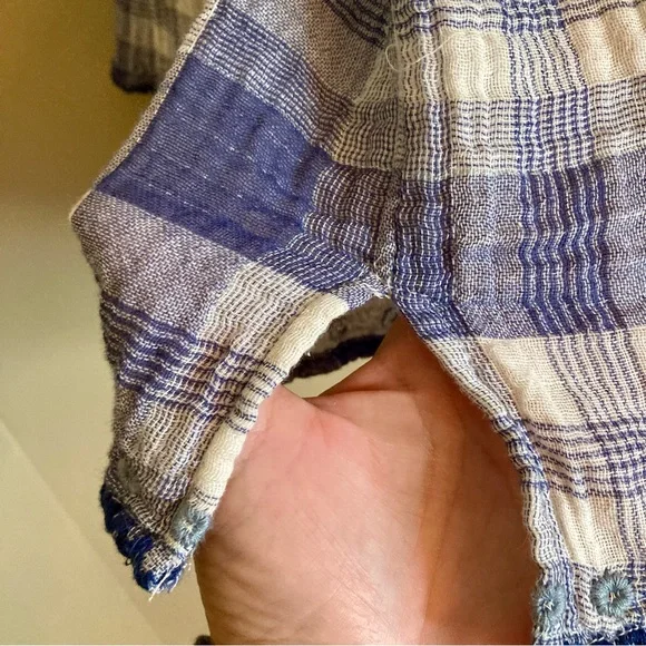 Johnny Was Simonee Flare Sleeve Blouse Plaid Geometric Embroidery Blue Size XS